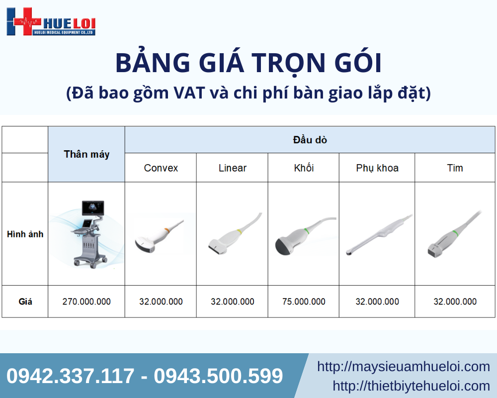 Bảng giá trọn gói thân máy siêu âm tổng quát và các đầu dò